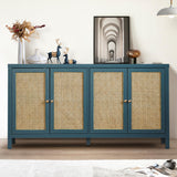 QHITTY Sideboard Buffet Cabinet, Rattan Accent Cabinet Storage Cabinet Console Table with 4 Doors and Adjustable Shelves for Kitchen, Dining Room, Living Room, Hallway (Blue) QHITTY