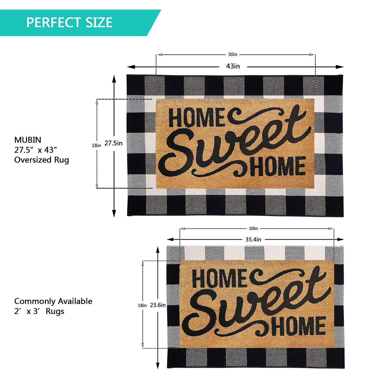 MUBIN Cotton Buffalo Plaid Rug 27.5 x 43 Inches Black and White Check Rugs Hand-Woven Indoor or Outdoor Rugs for Layered Door Mats Washable Carpet for Front Porch, Kitchen, Farmhouse, Entryway MUBIN