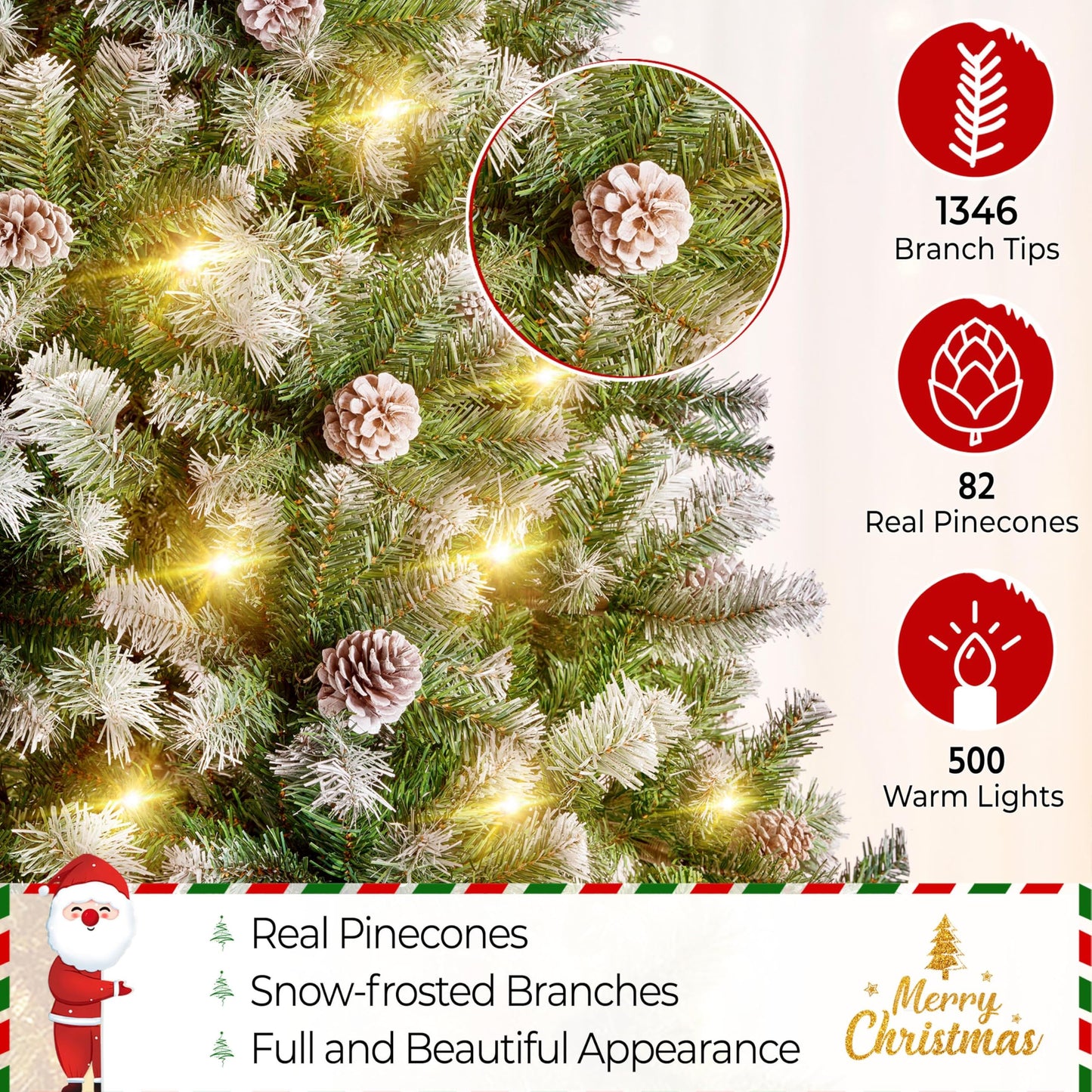 Yaheetech 7.5ft Pre-lit Christmas Tree, Snow Flocked Artificial Christmas Tree with 82 Snow Pinecones & 1346 PVC Branch Tips & 500 Warm White Lights, White & Green