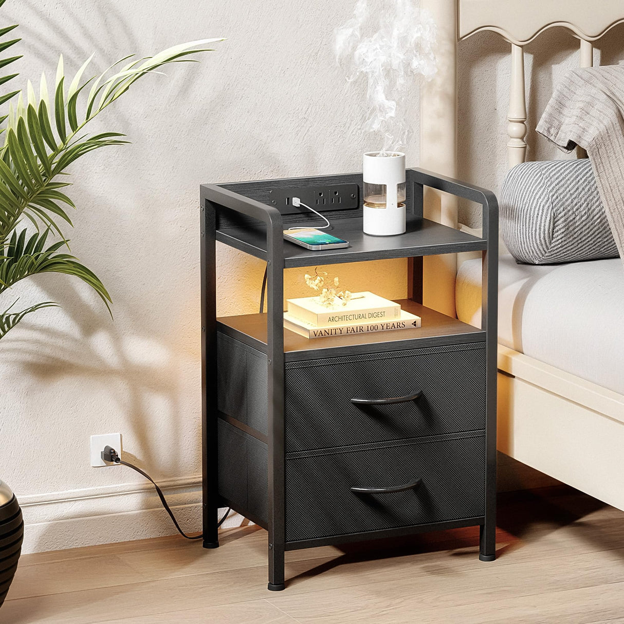 Night Stand Bedside Table Bedroom - Nightstand with Charging Station & LED Light Strip, Bed Side Table with Storage Shelf & 2 Fabric Drawers for Dorm, End Table with U-S-B Ports & AC Outlets, Black Lazzanto