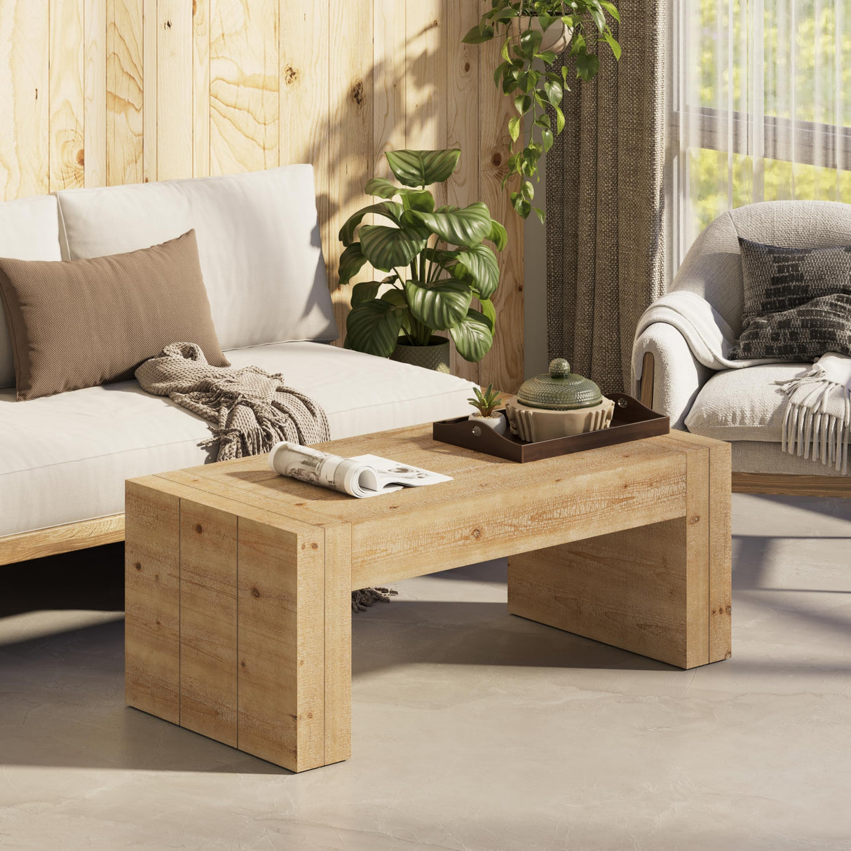 COZAYH Modern Rustic Wood Coffee Table with Thick Legs, Rectangular Living Room Center Table, Natural Finish Design, Sturdy Farmhouse Style for Home Decor, Office, Brown COZAYH