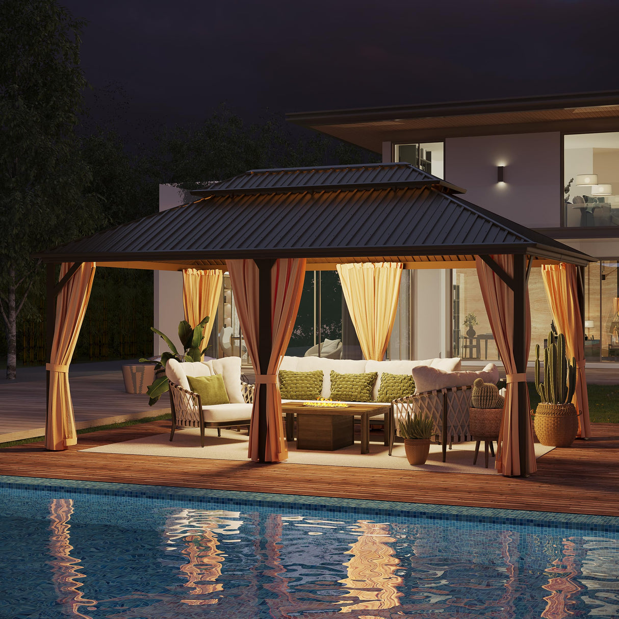 GAZEBEST 12x18 ft Hardtop Gazebo Outdoor Aluminum Patio Gazebo Double Roof Galvanized Steel Gazebo Canopy with Netting and Curtains,for Garden Patio,Patio Backyard,Deck and Lawns GAZEBEST