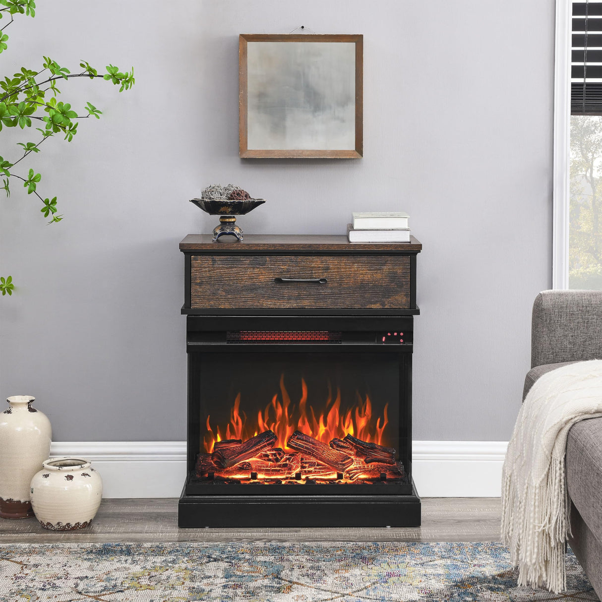 25" Electric Fireplace Side Table with Infrared Quartz Heater, 3-Sided Glass Fireplace Heater w/Remote Control & 9H Timer, Thermostat, Overheat Protection, Electric Fire Place for Indoor, 1500W Tomkate