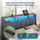 LINSY Queen Bed Frame, Lift Up Storage Bed, Velvet Upholstered Bed with Storage Headboard and Charging Station & LED Lights, Hydraulic Storage, Strong Wooden Slats Support, Noise Free, Dark Grey LINSY