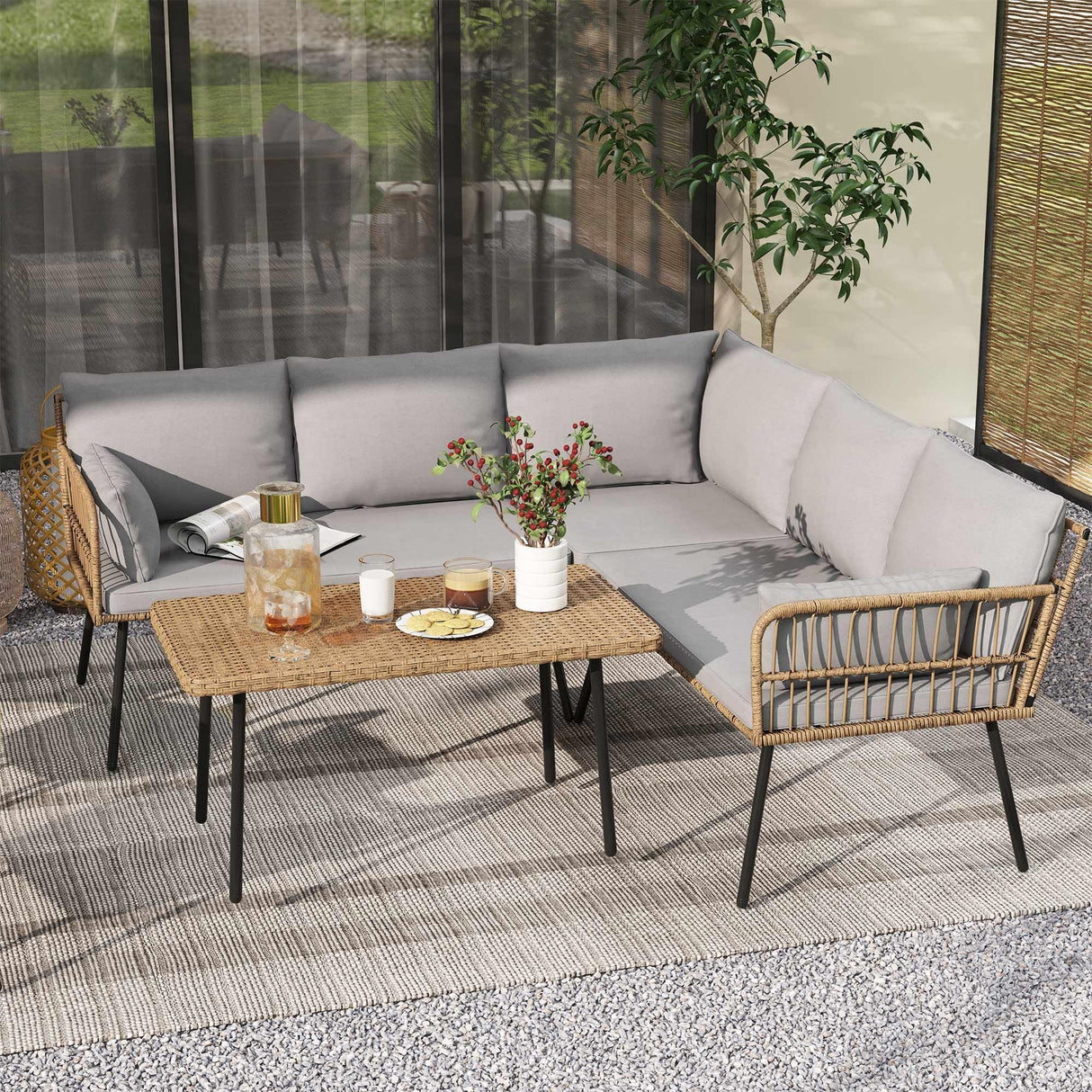 DWVO 4-Piece Outdoor Sectional Sofa Set, All-Weather Wicker L-Shaped 5-Seater Patio Furniture with Removable Cushions & Side Table, Boho Conversation Set for Backyard, Porch, Deck (Grey) DWVO