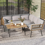 DWVO 4-Piece Outdoor Sectional Sofa Set, All-Weather Wicker L-Shaped 5-Seater Patio Furniture with Removable Cushions & Side Table, Boho Conversation Set for Backyard, Porch, Deck (Grey) DWVO