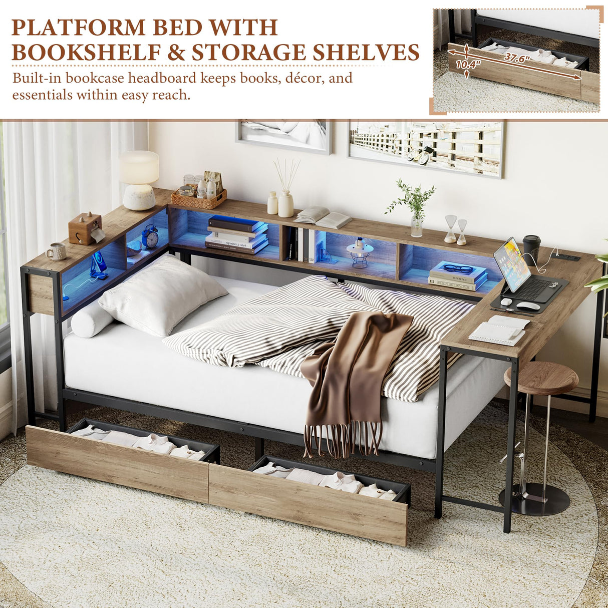 Full Size Corner Bed Frame with LED Lights, Bookcase Headboard, 2 Storage Drawers, Charging Station & Reversible Hutch Desk – Modern Metal Daybed for Bedroom, Guest Room or Living Room, Brown (Full) TTK