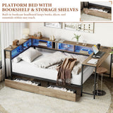 Full Size Corner Bed Frame with LED Lights, Bookcase Headboard, 2 Storage Drawers, Charging Station & Reversible Hutch Desk – Modern Metal Daybed for Bedroom, Guest Room or Living Room, Brown (Full) TTK