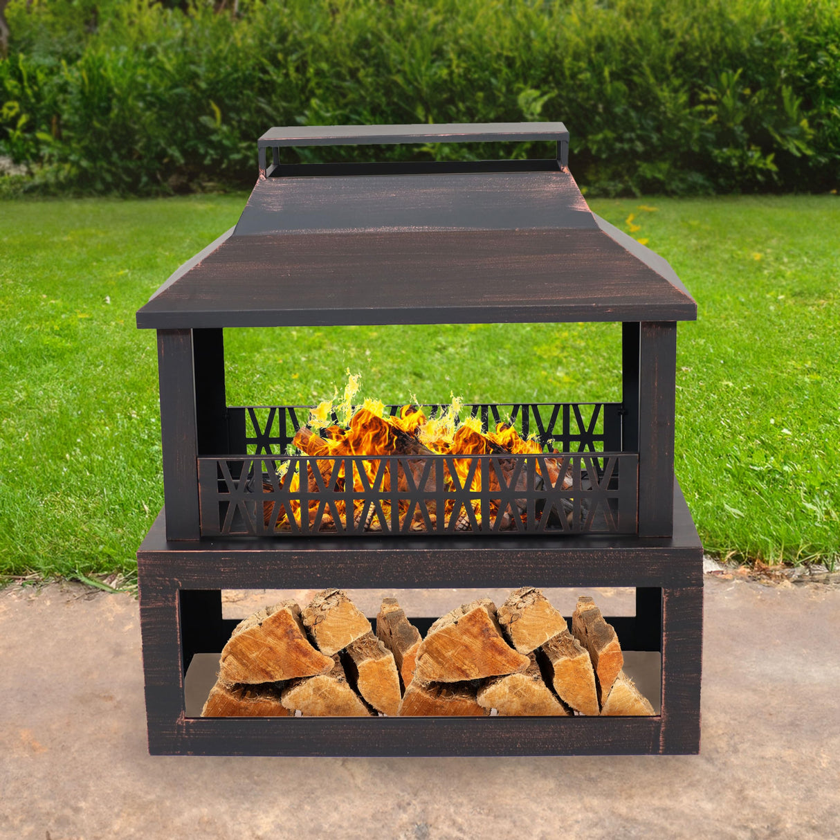 Sunnydaze Backyard Blaze 35-Inch H Heavy-Duty Steel Outdoor Fireplace with Built-in Log Storage - Includes Protective Cover - Brushed Bronze Sunnydaze