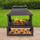 Sunnydaze Backyard Blaze 35-Inch H Heavy-Duty Steel Outdoor Fireplace with Built-in Log Storage - Includes Protective Cover - Brushed Bronze Sunnydaze