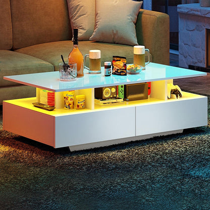 YITAHOME LED Coffee Table with Storage, High Glossy LED Coffee Tables for Living Room, Small Center Table with Open Display Shelf & Sliding Drawers, Rectangular Coffee Table, White