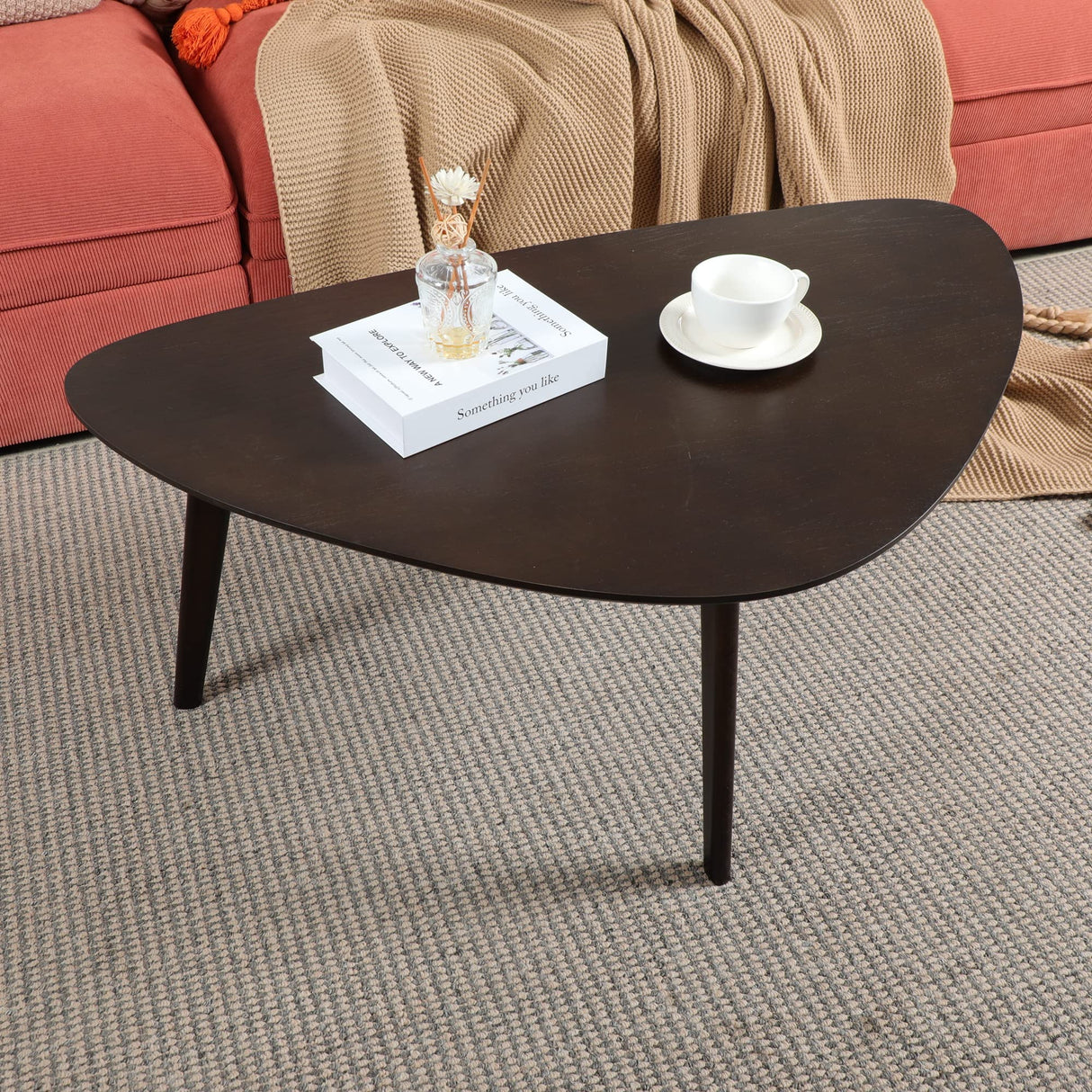 Oval Coffee Table Mid Century Modern Small Wood Coffee Tables Chic Triangle Design for Home Office Farmhouse Furniture Easy Assembly,Black Walnut 38.5" PHOENANCEE