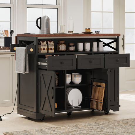 XD Designs 46.5'' Farmhouse Kitchen Island with Power Outlet and Drop Leaf, Wood Rolling Kitchen Cart on Wheels with 3 Doors, 3 Drawers, Drape of Beads and Internal Iron Shelf (Black-3.19) XD Designs