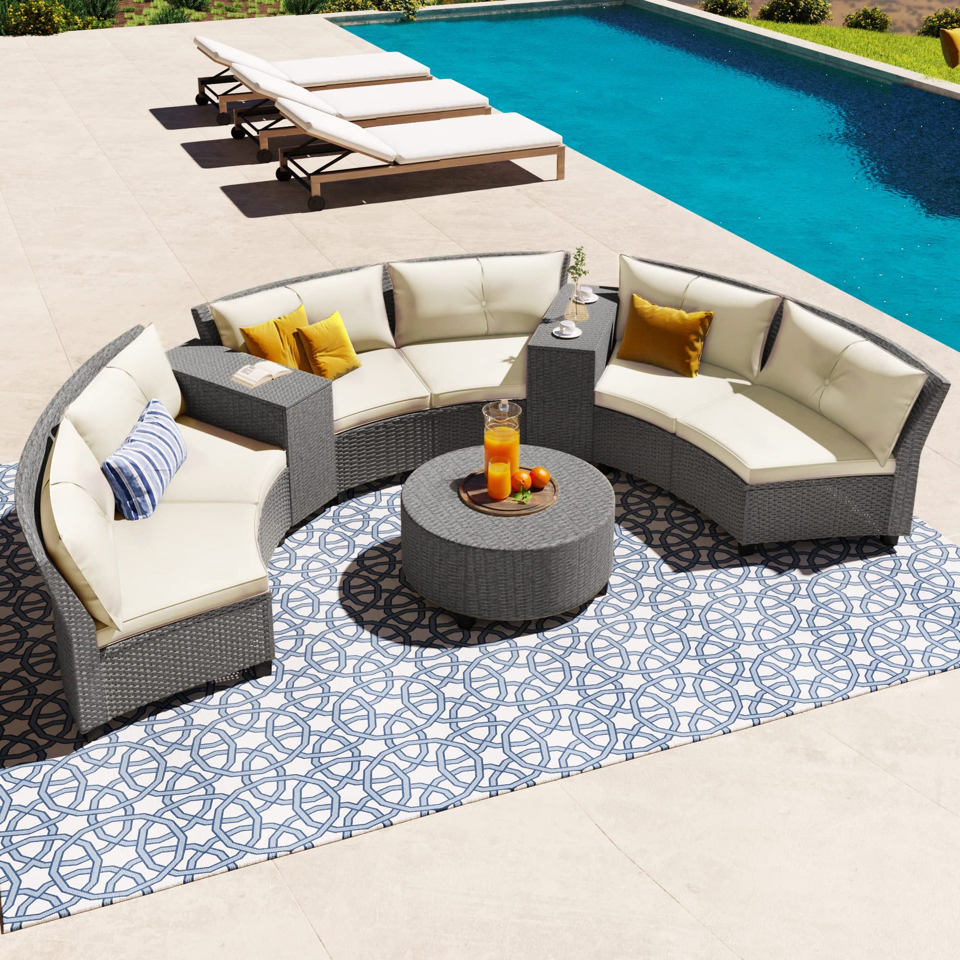 Polibi 9-Piece Rattan Wicker Patio Conversation Set, Half-Moon Shape Patio Furniture Set with 6 Chairs, 2 Arm Tables and A Round Central Table for Outdoor, Grey Wicker + Beige Cushions - WoodArtSupply