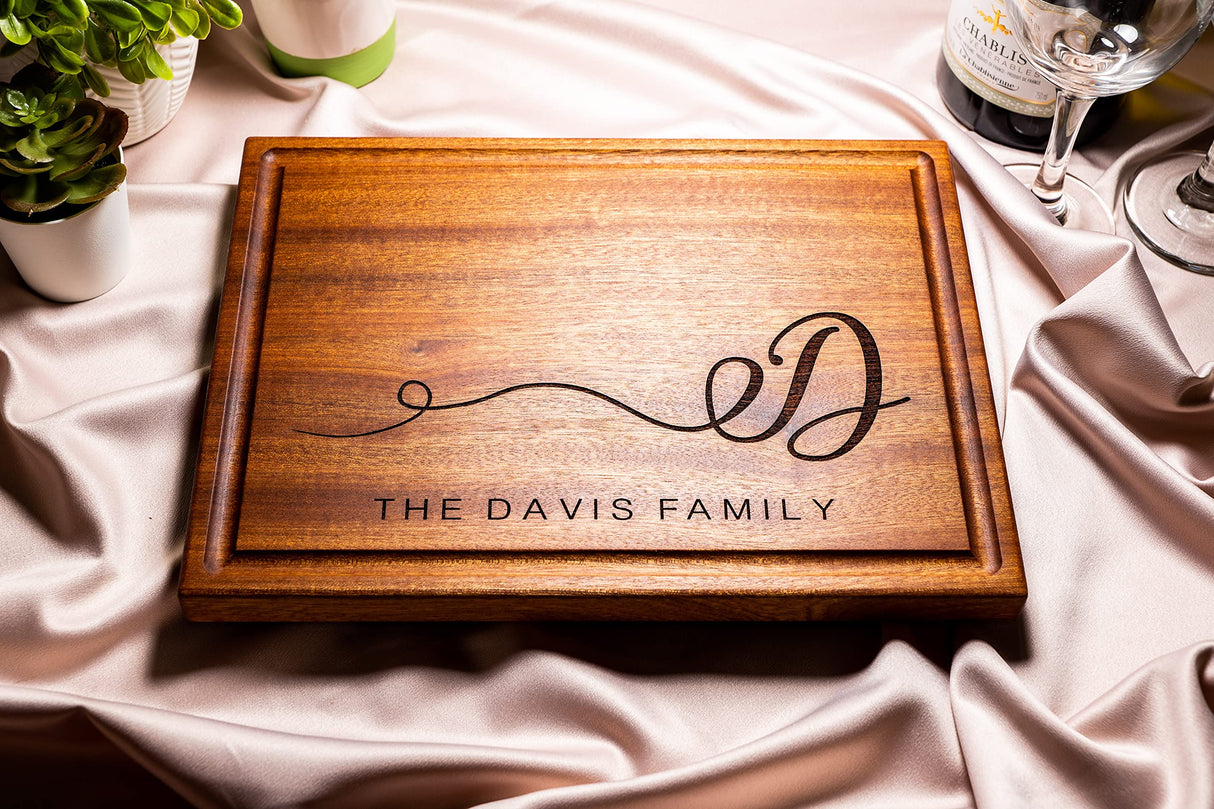 Personalized Cutting Board, Custom Wedding, Anniversary or Housewarming Gift Idea, Wood Engraved Charcuterie, for Friends and Family, Swirled Initial Design 080 Wedding Gift Boutique