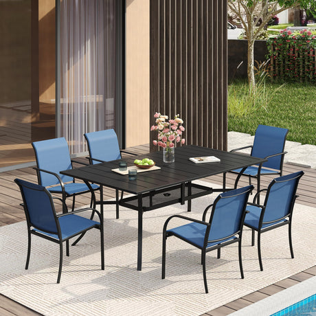 VICLLAX 7 Pieces Patio Dining Set for 6, Outdoor Furniture Set Includes 59" Rectangle Outdoor Table and 6 Stackable Patio Sling Chairs, Black Tabletop and Blue Fabric VICLLAX