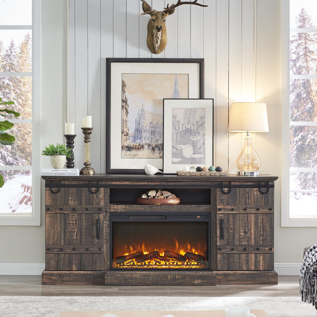 OKD Fireplace TV Stand for 75 80 Inch TV, Farmhouse Entertainment Center with Sliding Barn Doors, Rustic Media Console Table with Storage Cabinets for Living Room, Dark Rustic Oak OKD