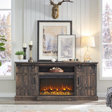 OKD Fireplace TV Stand for 75 80 Inch TV, Farmhouse Entertainment Center with Sliding Barn Doors, Rustic Media Console Table with Storage Cabinets for Living Room, Dark Rustic Oak OKD