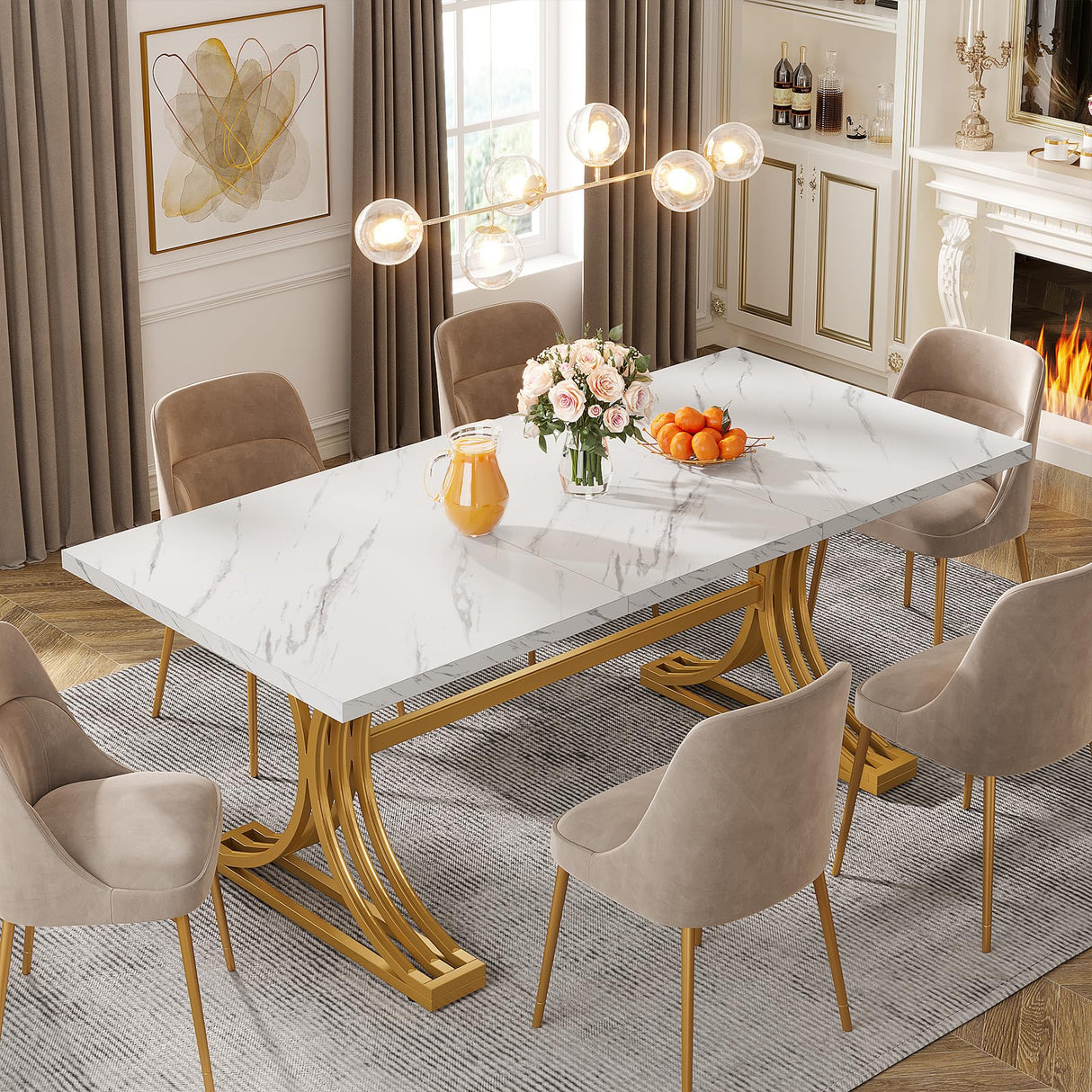 Tribesigns 63-Inch Rectangular Dining Table for 4 to 6, Modern Kitchen Table with Faux Marble Table Top and Stylish Metal Legs, White and Gold Dinner Tables for Dining Room, Kitchen Tribesigns