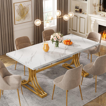 Tribesigns 63-Inch Rectangular Dining Table for 4 to 6, Modern Kitchen Table with Faux Marble Table Top and Stylish Metal Legs, White and Gold Dinner Tables for Dining Room, Kitchen - WoodArtSupply