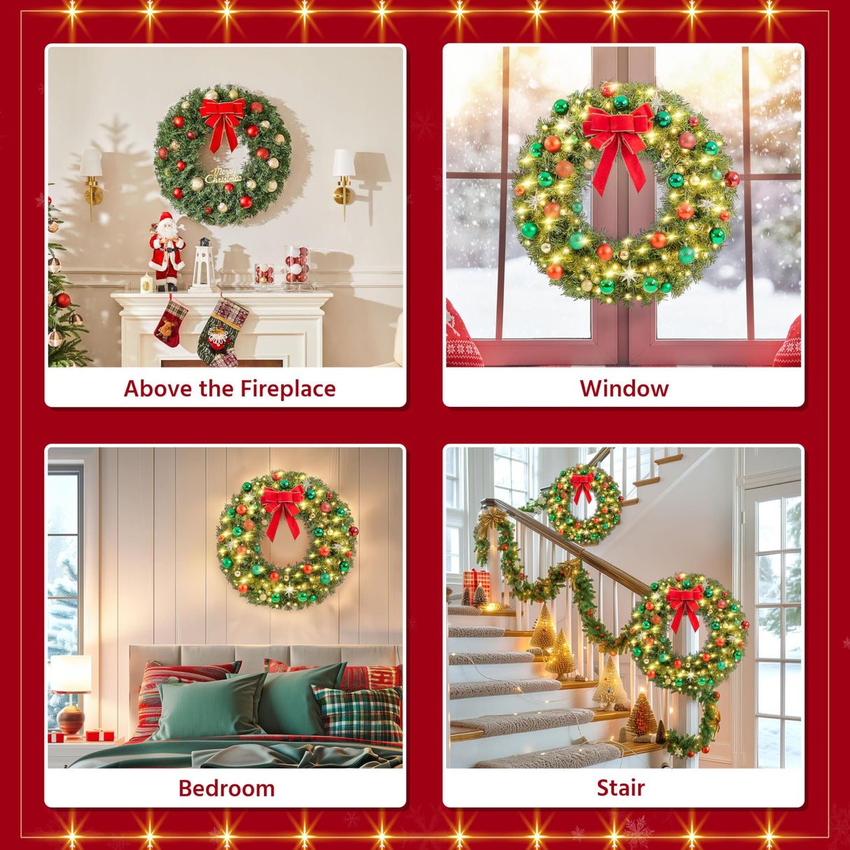 Yaheetech 30in Large Artificial Christmas Wreath, Pre-lit Holiday Accent Decoration with Red Bow, 110 LED Lights & 300 PVC Tips, Metal Structure for Door Wall & Mantel Yaheetech