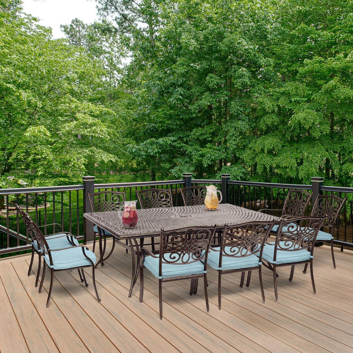 Hanover Traditions 11-Piece Patio Dining Set with 10 Stationary Chairs, Plush Blue Cushions, and Extra Large Dining Table, Patio Dining Set for 10, All-Weather Rust-Resistant Luxury Outdoor Dining Set Hanover