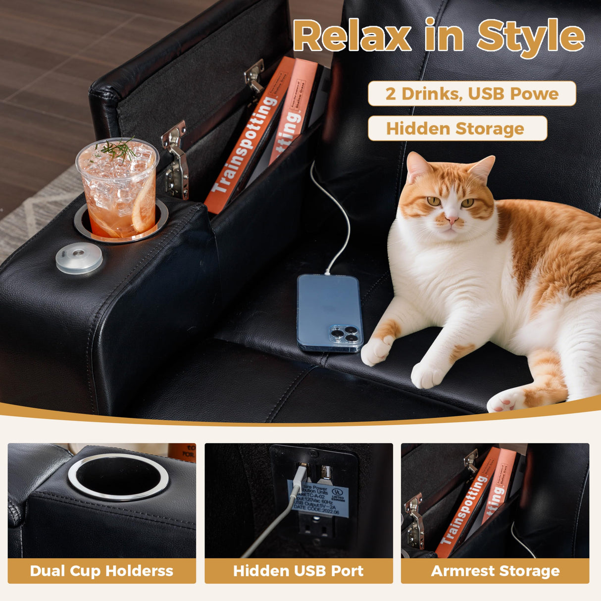 ANJ Black Power Recliner Chair Electric Home Theater Seating Soft Leather Movie Chair for Living Room Overstuffed Single Reclining Sofa with Hidden Arm Storage, Cup Holders and USB Ports (Black) ANJ