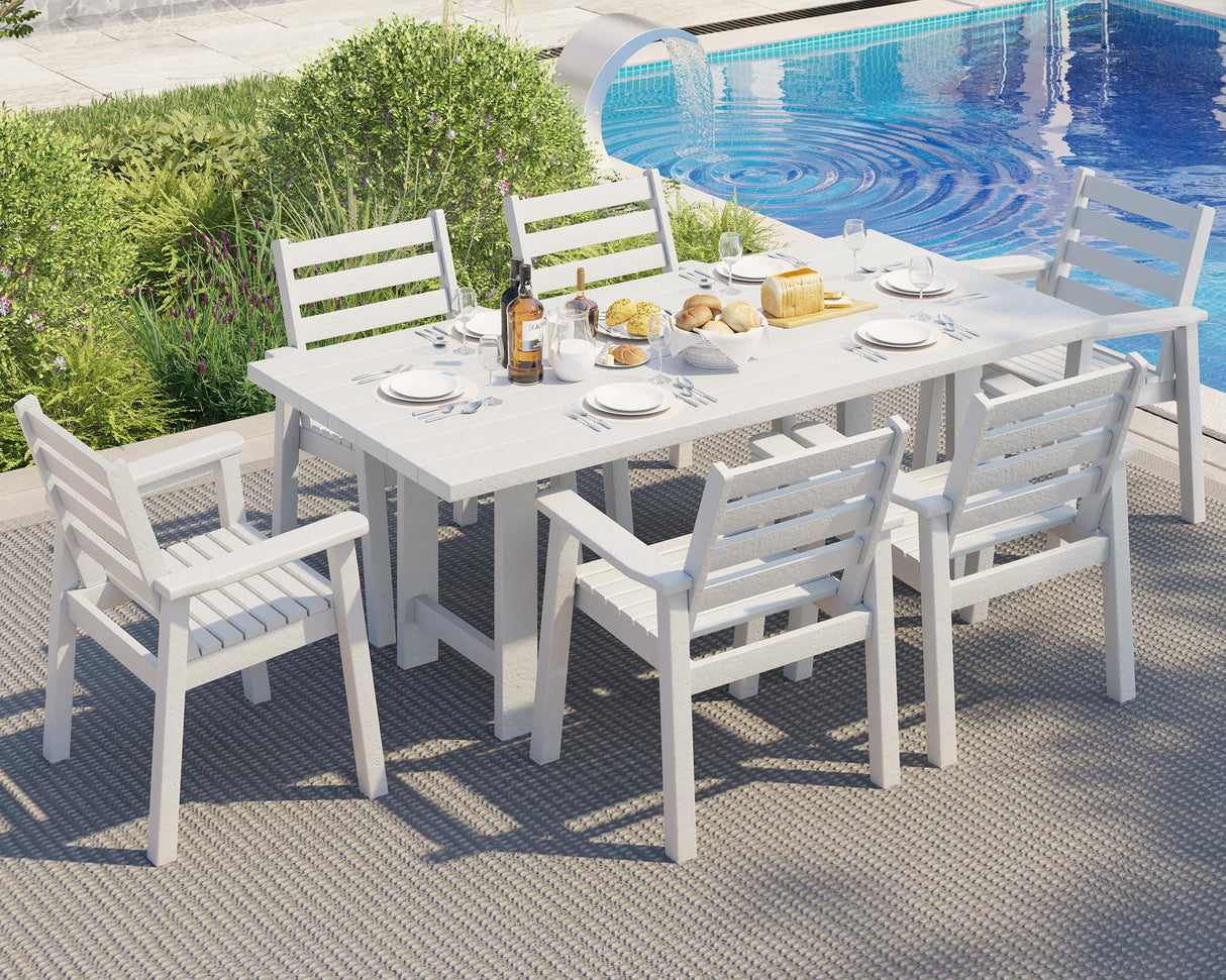 AMERLIFE 7-Piece HDPE Outdoor Dining Table Set with 6 Chairs, 71" L Patio Dining Furniture Set with Umbrella Hole, Modern Dinner Table & Chairs Set for Garden, Backyard, Poolside, White AMERLIFE