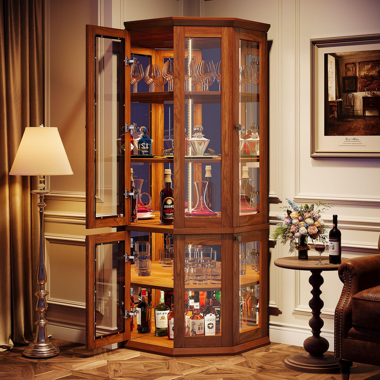 Tribesigns 70.87-Inch Corner Bar Cabinet, Tall Modern Corner Wine Cabinet with Doors & LED Lights, 5-Tier Home Bar Liquor Cabinet for Dining Room, Living Room, Kitchen, Rusitc Brown Tribesigns