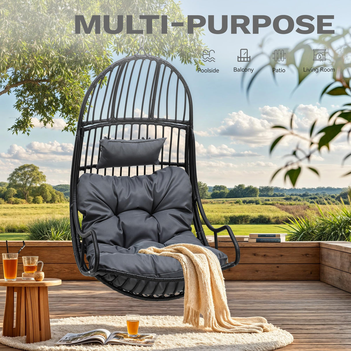 DWVO Hammocks Swing Chair with Cushions 330 LBS, Comfortable Egg Chair Wicker for Patio, Bedroom, Garden, Balcony Indoor and Outdoor Use, Gray DWVO