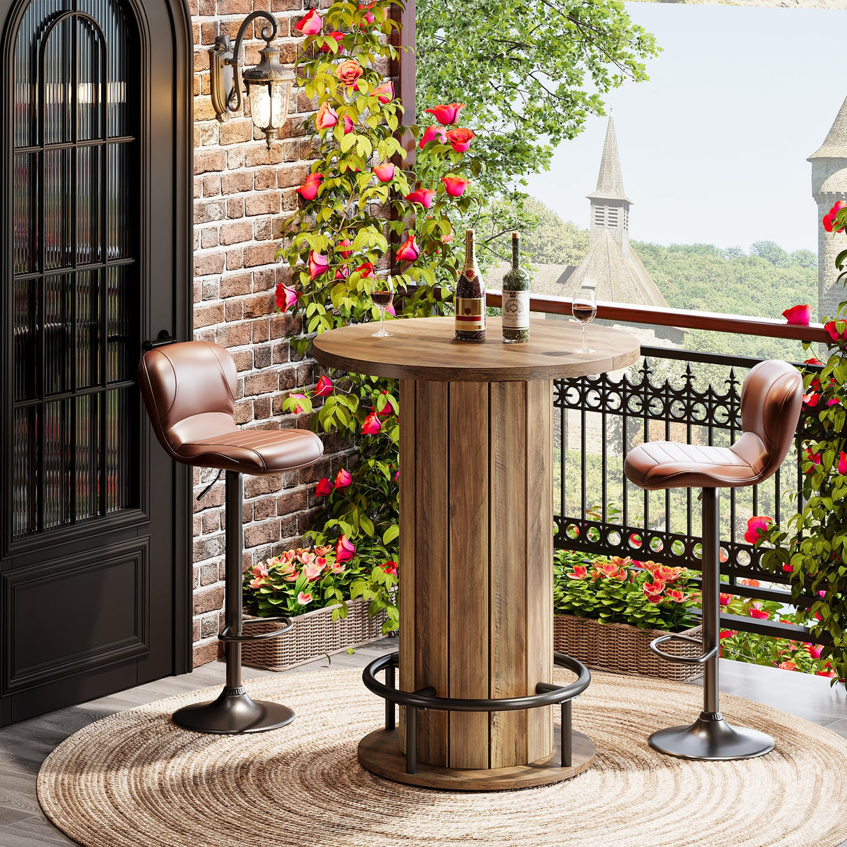 Tribesigns Round Bar Table, 39.4" H Wood Bistro Pub Table with Metal Ring Footrest for Dining Coffee Cocktail Living Room, Small Space, Brown(Only Table) Tribesigns