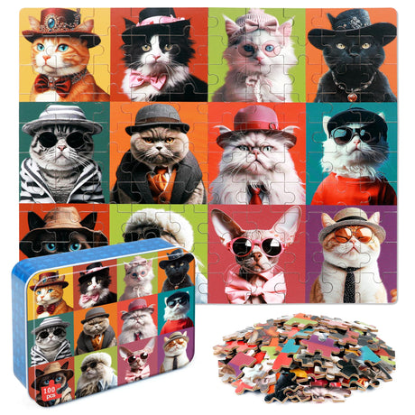 LELEMON Cat Jigsaw Puzzles in a Metal Box 100 Pieces Cat Jigsaw Puzzle for Kids Ages 4-8 Children Learning Educational Puzzles Toys LELEMON
