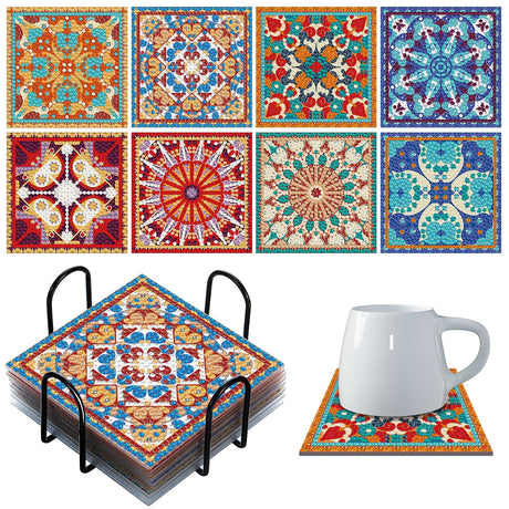 Purpeak 8 Pcs Diamond Coasters Diamond Painting Coasters DIY Mandala Kits with Holder Square Boho Paisley Art 5d Kits for Beginners Adults Craft Purpeak