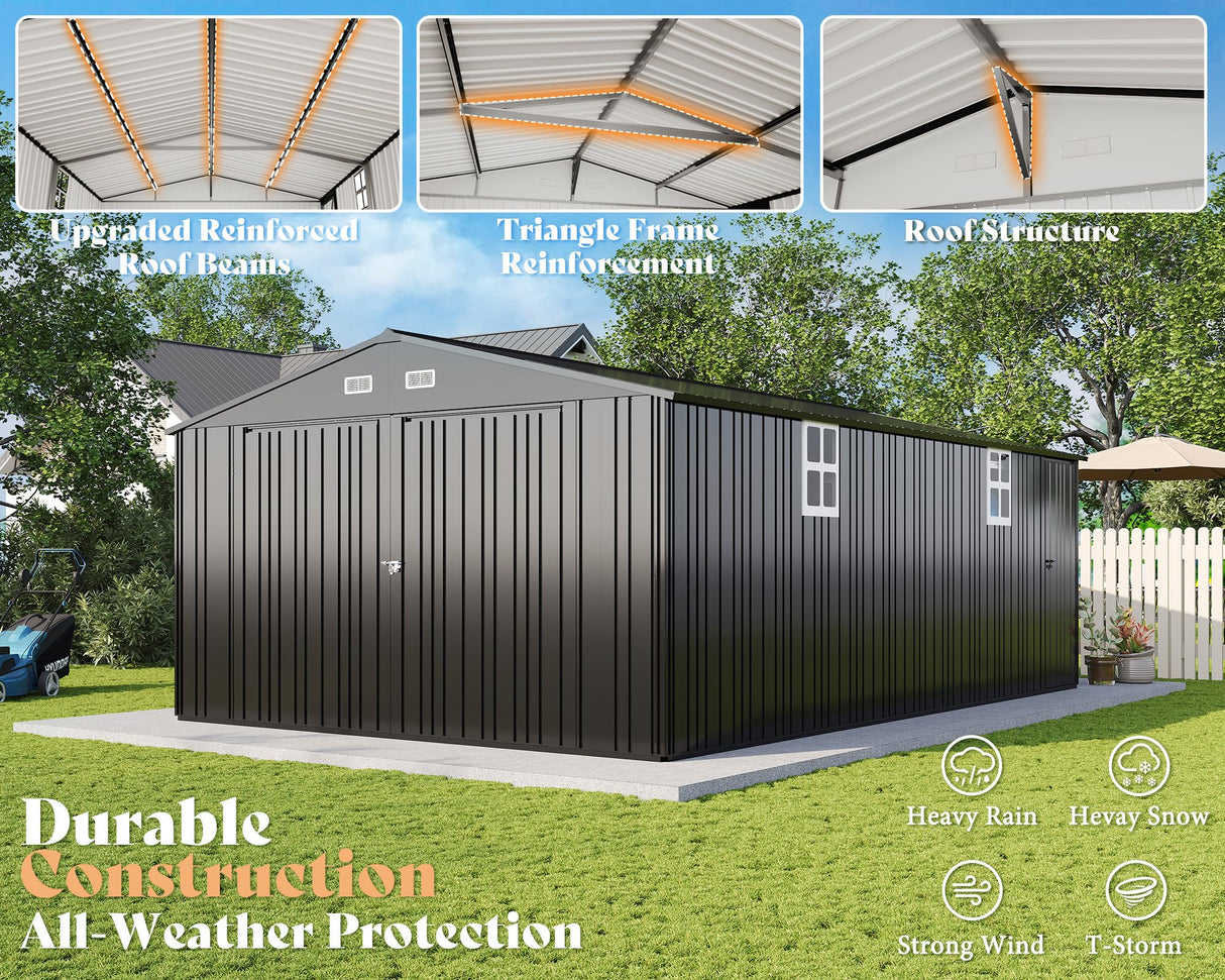 AMERLIFE 13.2x21x8 FT Outdoor Storage Shed, Huge Metal Garage Shed with 2 Double Hinged 4 Windows and Doors, Carport for Car, Truck, Bike, Garbage Can and Lawnmower, Dark Grey AMERLIFE