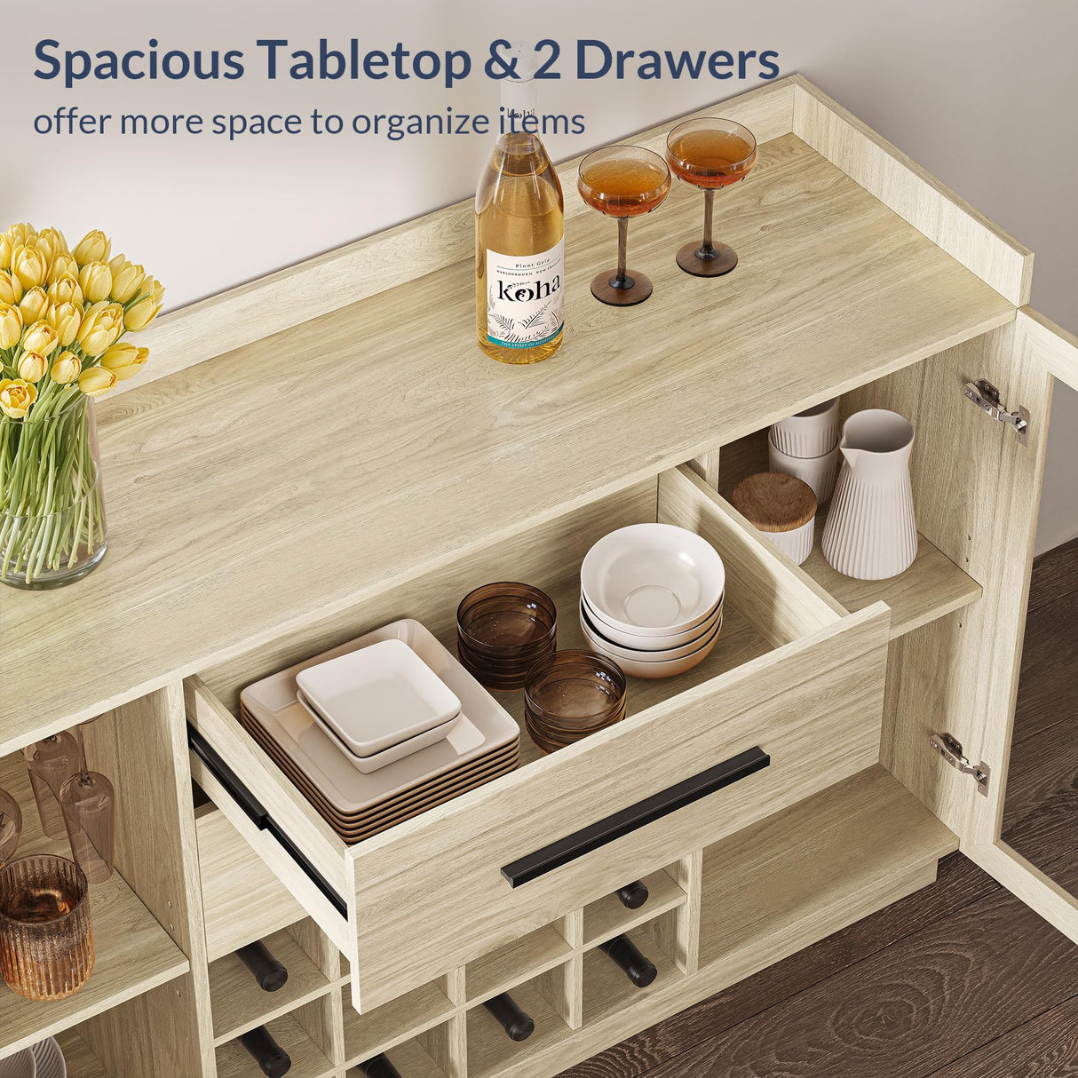 BELLEZE 55" Wine Cabinet, Sideboard Buffet with Wine Rack and Glass Holder, Home Coffee Bar Freestanding Liquor Cabinet with Display Glass Doors for Living Room, Dining Room - Marcel (White Lotus) BELLEZE