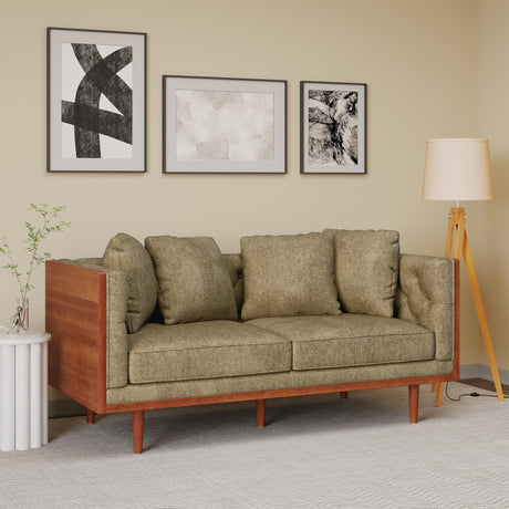 Christopher Knight Home Mid Century Modern Fabric Tufted Loveseat with Accent Pillows, 2-Seater Sofa with Removable Cushions, Comfy Sofa for Reading Book, Rubberwood Leg, Dark Beige and Dark Walnut Christopher Knight Home