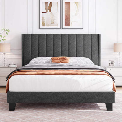 Yaheetech Upholstered Full Size Bed Frame with Wing Headboard & Wooden Slats - Dark Gray - WoodArtSupply