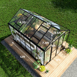 HOWE 8x12x7.5 FT Polycarbonate Greenhouse Double Swing Doors 4 Vents 5.2FT Added Wall Height, Walk-in Large Aluminum Greenhouse Sunroom Winter Greenhouse for Outdoors, Black HOWE