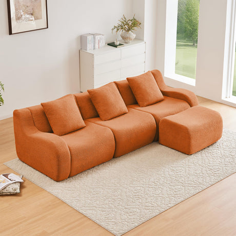Aoiy & Wifon 115.3" Modular Sectional Sofa, 3-Seater Teddy Deep Seat Cloud Couch with 1 Movable Ottoman, Oversized Boneless Sectional Couch for Living Room, No Assembly Required, Orange Aoiy & Wifon