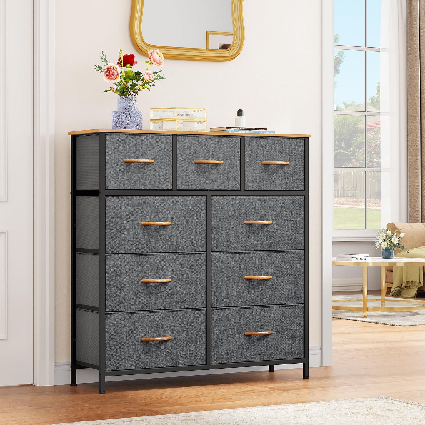 YITAHOME Dresser for Bedroom with 9 Drawers, Fabric Storage Dresser, Closet Dresser & Chest of Drawers for Living Room, Closets - Sturdy Steel Frame, Wooden Top & Easy Pull Fabric Bins(Dark G - WoodArtSupply