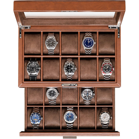 ROTHWELL 20 Slot Leather Watch box - Luxury Case Display Jewelry Organizer, Locking Display Case Holder with Large Real Glass Top - Watch Box Organizer for Men and Women (Tan/Brown) ROTHWELL