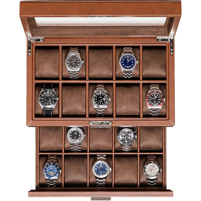 ROTHWELL 20 Slot Leather Watch box - Luxury Case Display Jewelry Organizer, Locking Display Case Holder with Large Real Glass Top - Watch Box Organizer for Men and Women (Tan/Brown)
