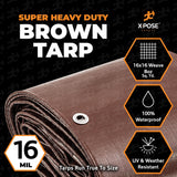 20' x 40' Super Heavy Duty 16 Mil Brown Poly Tarp Cover - Thick Waterproof, UV Resistant, Rip and Tear Proof Tarpaulin with Grommets and Reinforced Edges - by Xpose Safety Xpose Safety