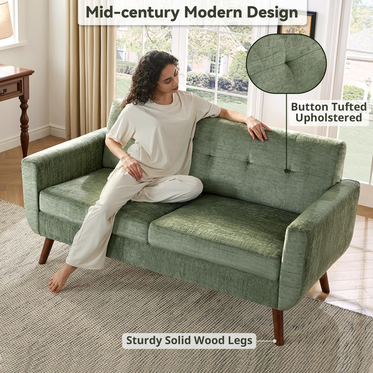 Tbfit 65" W Loveseat Sofa, Mid Century Modern Couches Love Seats for Living Room, Button Tufted Upholstered Small Couch for Bedroom, Solid and Easy to Install Love Seats Furniture, Green Tbfit