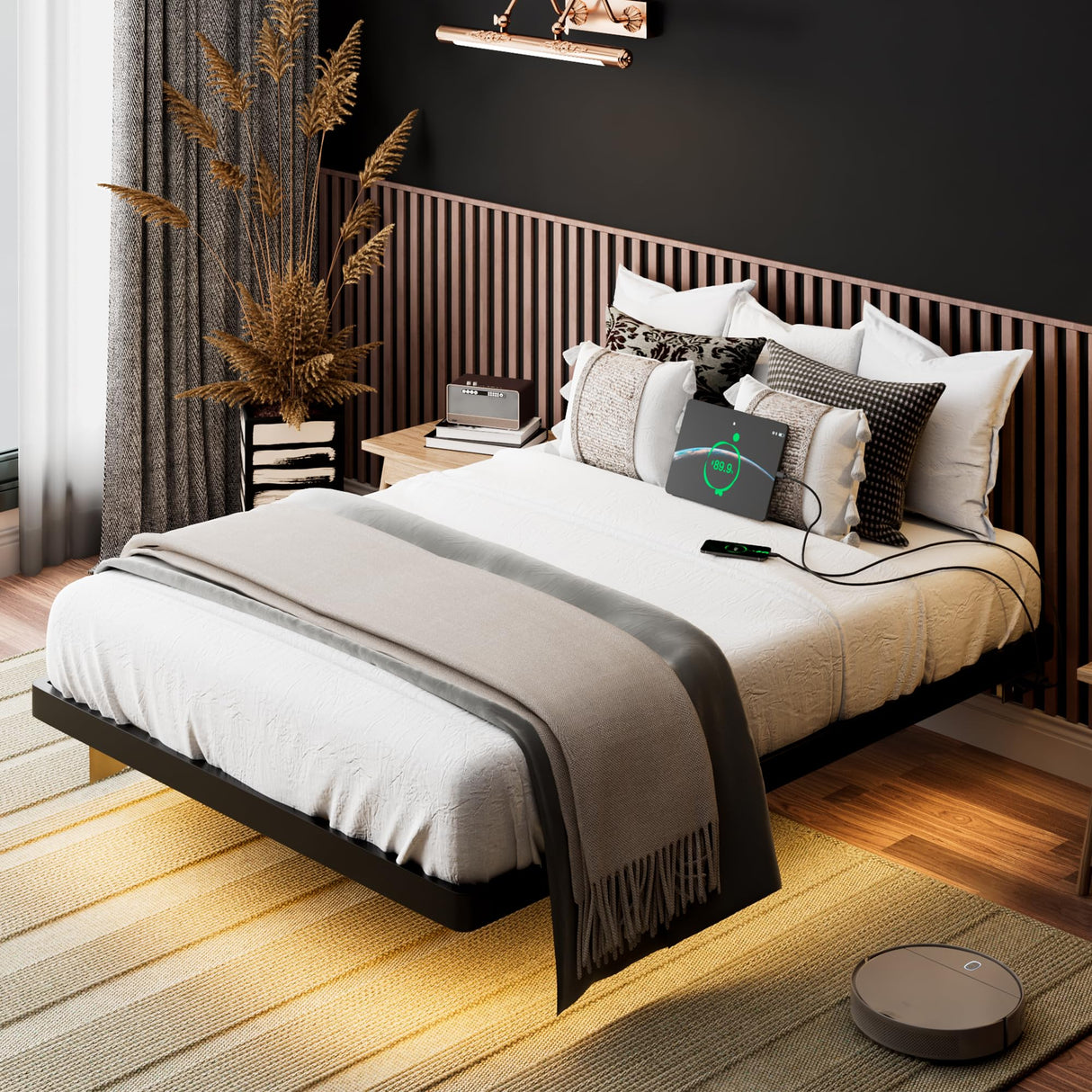 iPormis Twin Size Floating Bed Frame with LED Lighting and Charging Station, Metal Platform Design, Noise-Free Assembly, Black iPormis