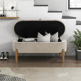 Lexicon Lift Top Storage Bench, Corduroy Upholstered Oval Entryway Bench with Solid Wood Leg Support, Modern Striped Storage Chest for Entryway/Living Room/Bedroom, Taupe Lexicon