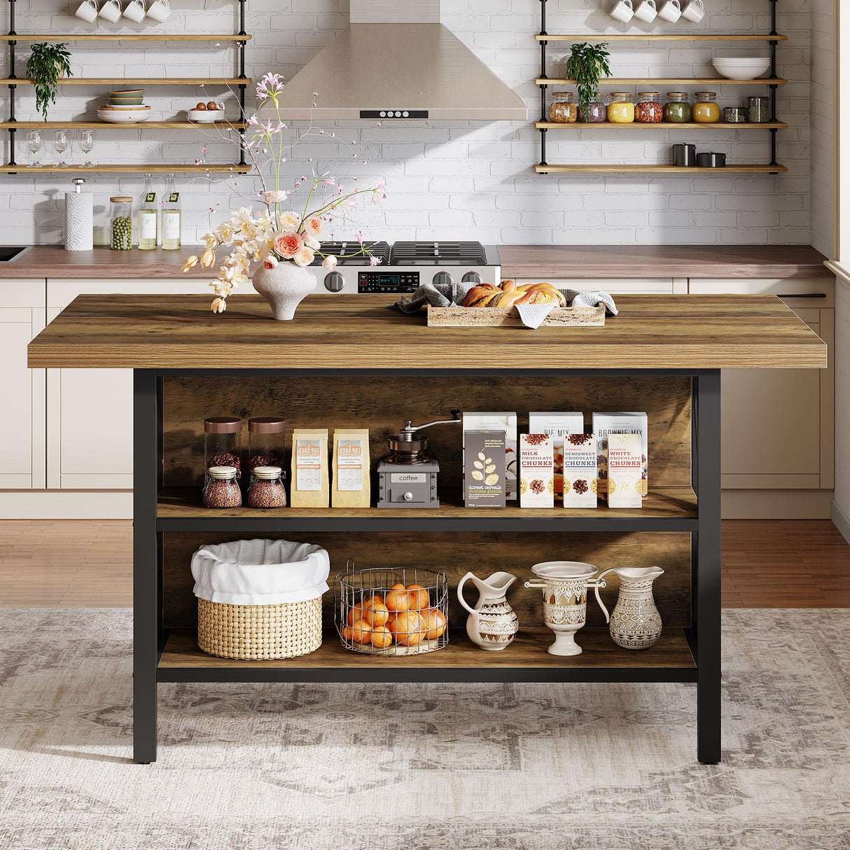 Tribesigns Kitchen Island with Storage, 62.99-Inch Kitchen Island Table with 2 Shelves and Large Worktop, Industrial Bar Table, Easy to Assemble, Rustic Brown (Stools Not Included) Tribesigns