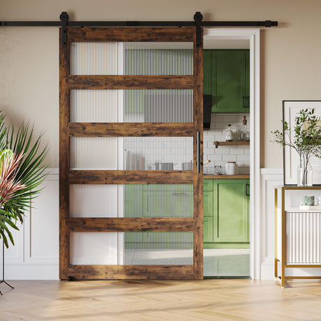 Bestier 48in x 84in Farmhouse Glass Barn Door with 8ft Hardware Kit & Handles, MDF Barn Door Covered with Water-Proof & Scratch-Resistant PVC Surface, Easy Assembly, 5-Panel, Rustic Brown Bestier