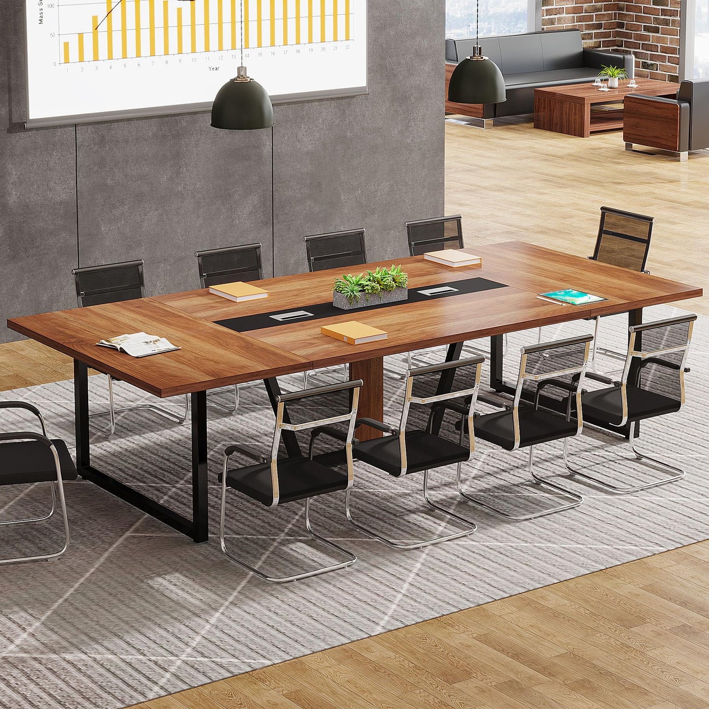 LITTLE TREE 8FT Conference Table for 10 People, Large Meeting Table, Modern Conference Room Table with Cable Management, Training Table with Strong Metal Legs for Office, Brown - WoodArtSupply