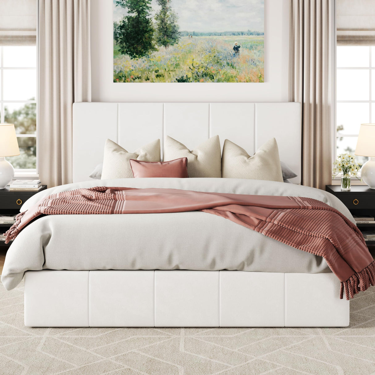 Allewie Full Size Velvet Lift Up Storage Bed Frame, Vertical Channel Tufted Headboard, Hydrualic Underneath Storage, Upholstered Platform Bed, Wooden Slats Support, No Box Spring Needed, White Allewie